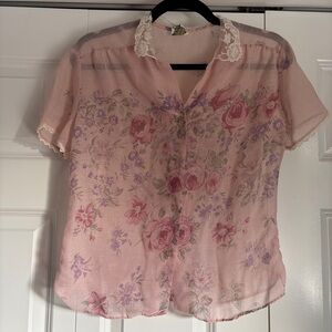 Vintage 80s Floral Lace-Trim Pink Women’s Blouse